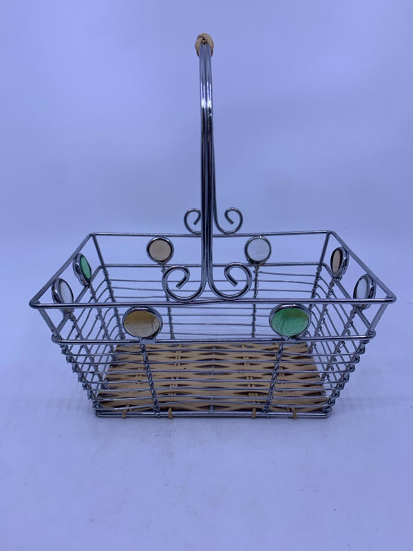METAL BASKET WITH GREEN,TAN, CLEAR JEWELS WITH HANDLE.