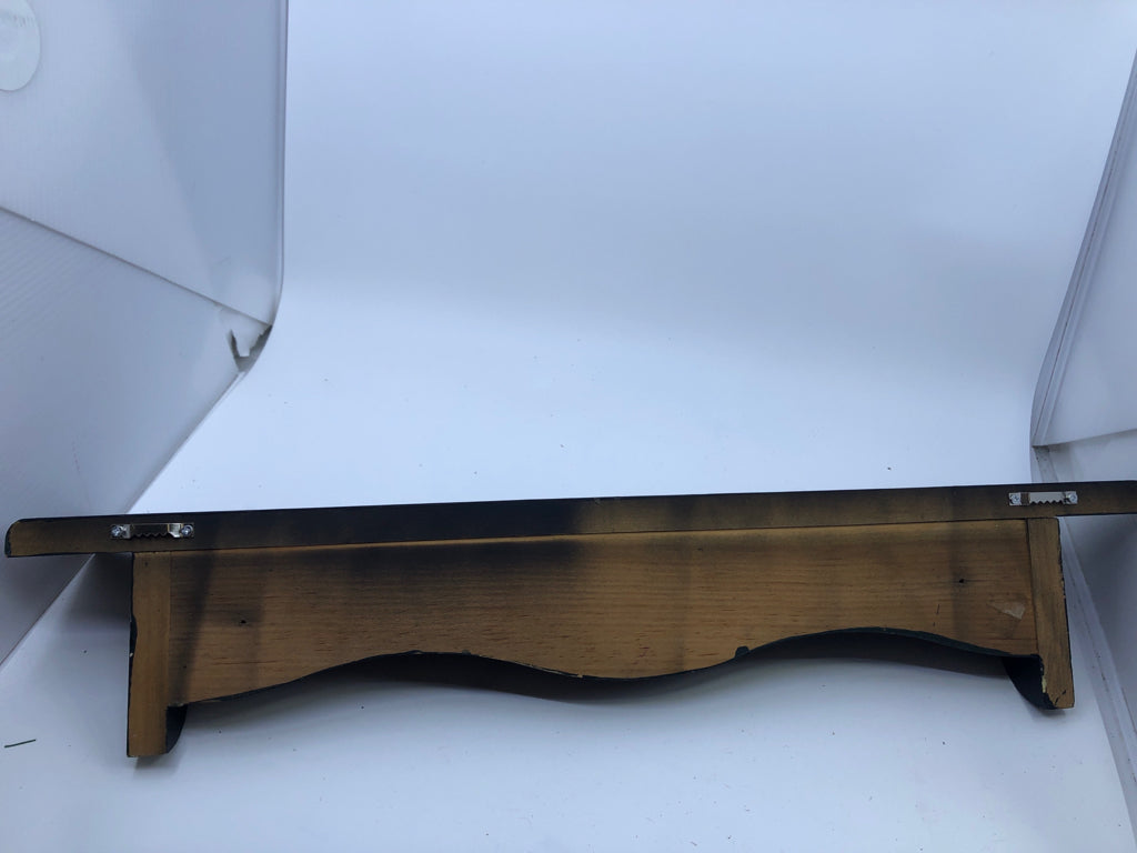 BLACK WOOD WALL SHELF W/COAT HOOKS.