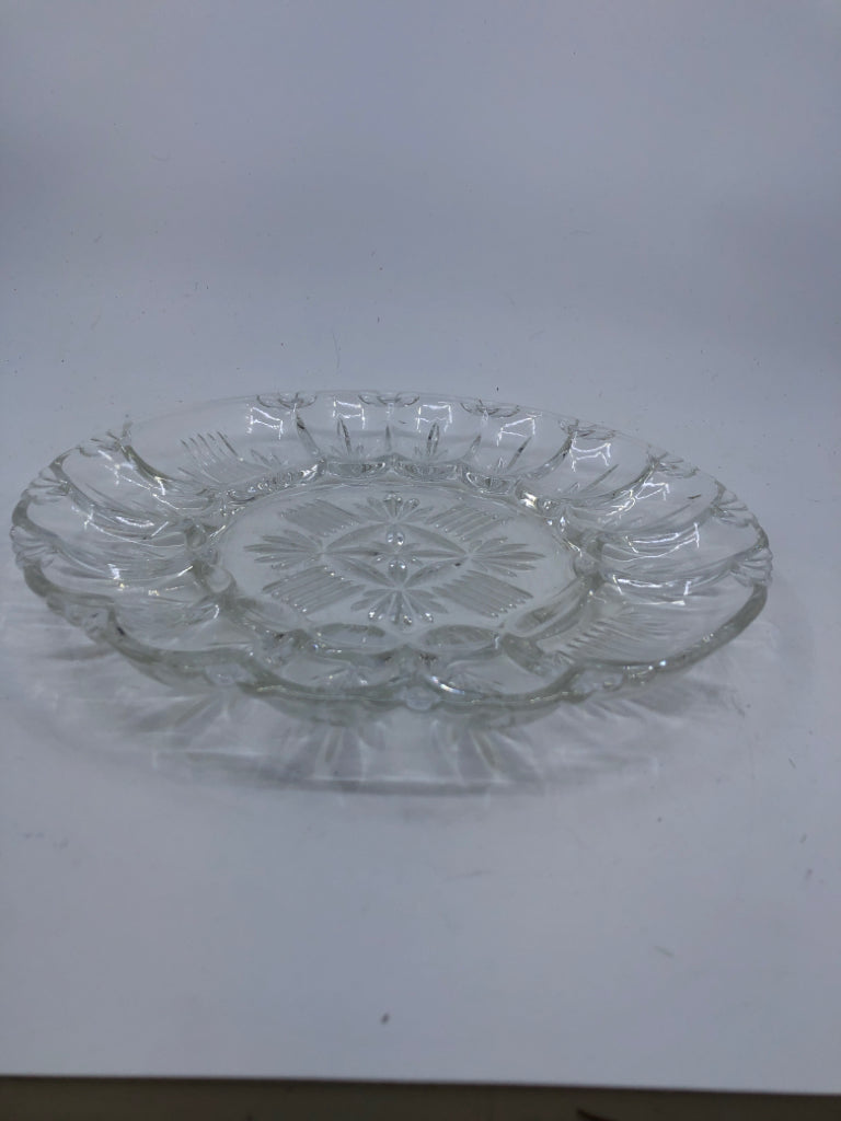 GLASS DEVILED EGG HOLDER W/ ETCHED DETAILS.
