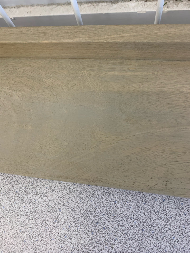 GREY WOOD SHELF W/BLACK METAL HANGER.