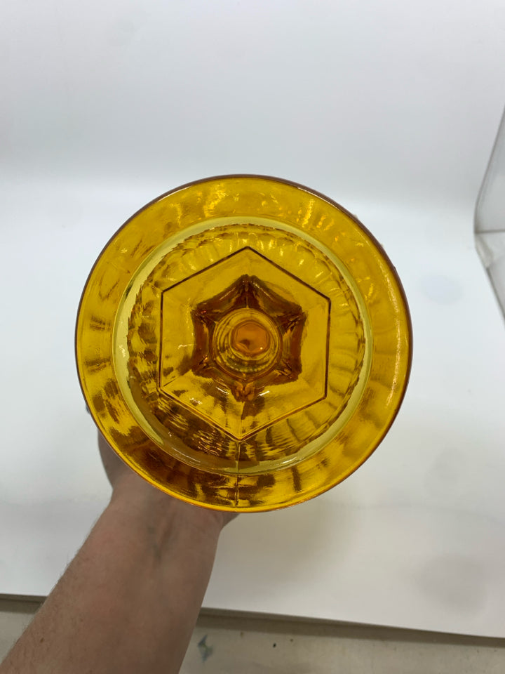 VTG AMBER GLASS PEDESTAL BOWL THUMB PRINT SCALLOP EDGE.