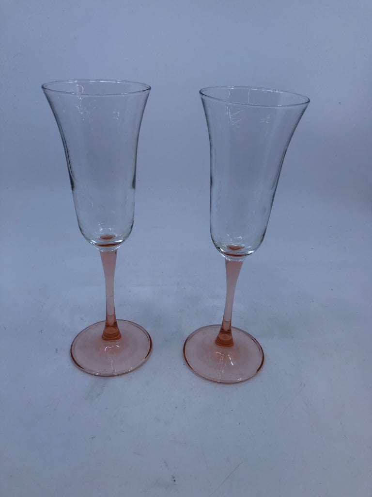 2 PINK STEM CHAMPAGNE FLUTES