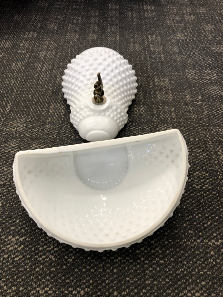 2pc VTG HOBNAIL WALL FOUNTAIN- MILK GLASS SPOUT WATER HOLDER W DRIP BASIN.