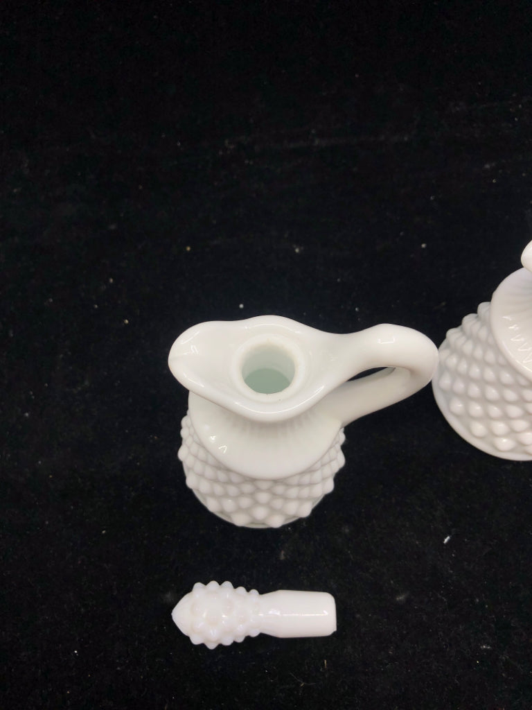 2 VTG MILK GLASS HOBBNAILED OIL AND VINEGAR EMPTY BOTTLES.