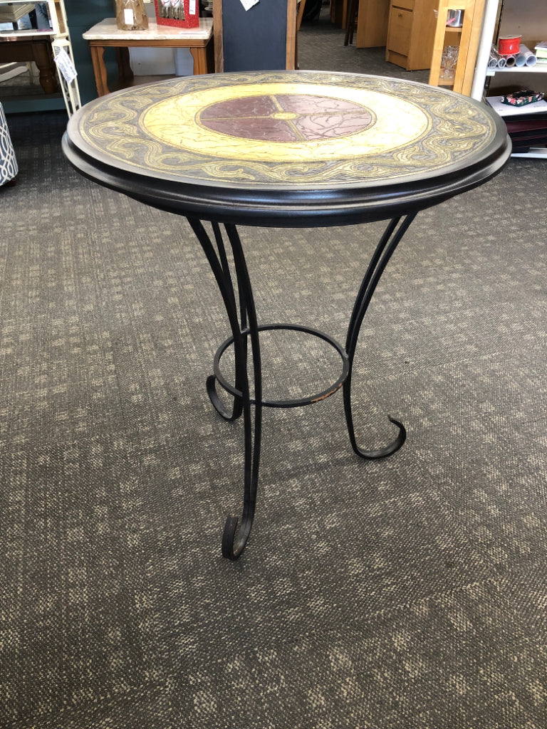 METAL FOOTED BASE W/ DETAILED COLORED FAUX WOOD TOP TABLE.