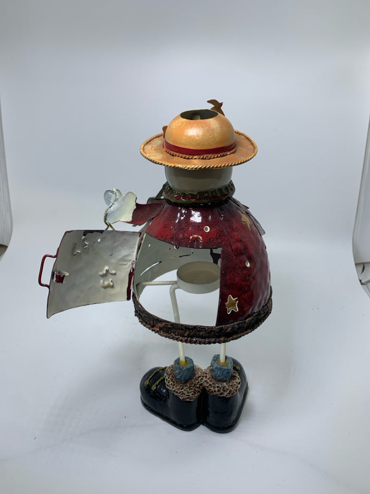 METAL STANDING SNOWMAN W/ RED SHIRT ASSORTED BIRDS TEA LIGHT HOLDER.