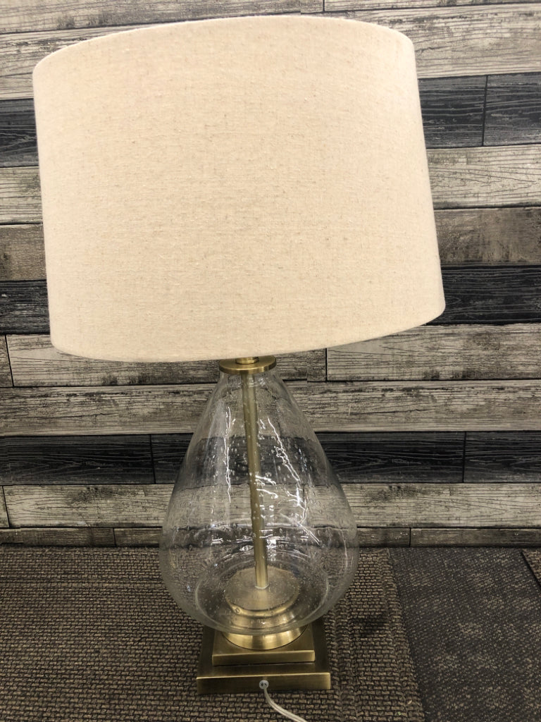 LG BUBBLE GLASS LAMP W/CANVAS SHADE.