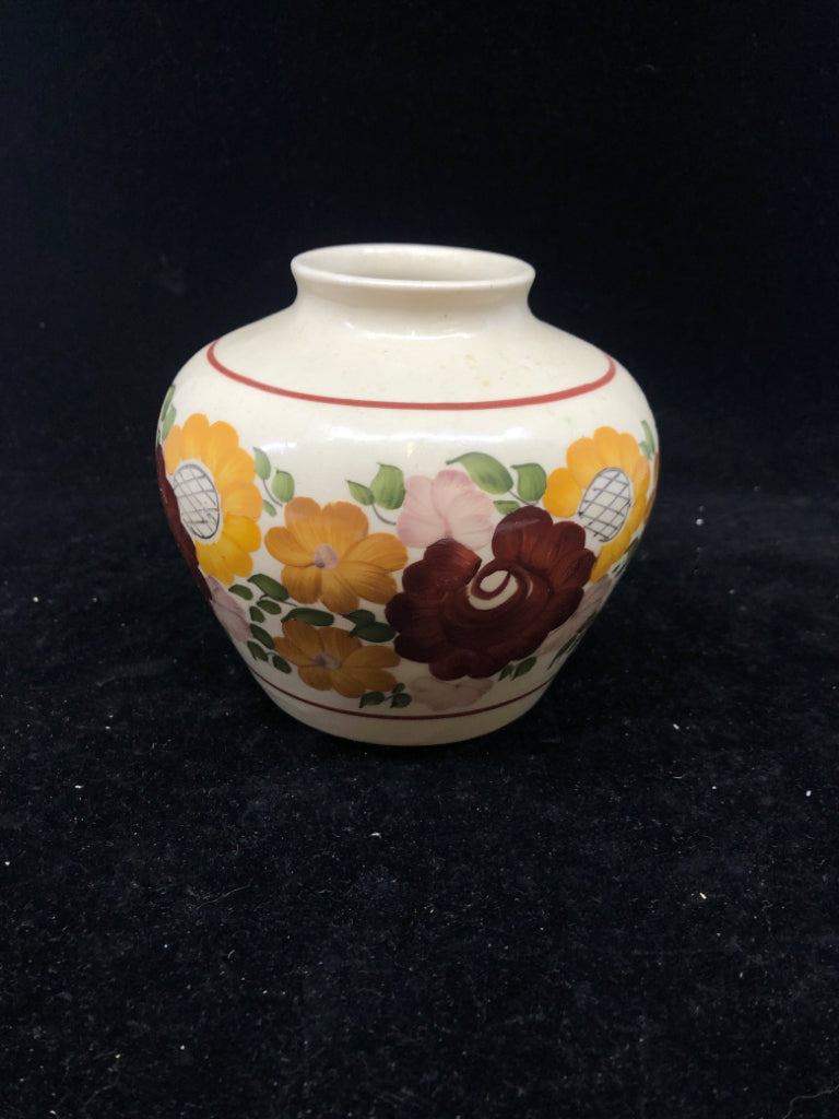 TAN FLORAL VASE W NARROW NECK.