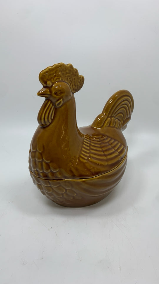 BROWN GLAZE ROOSTER DISH.