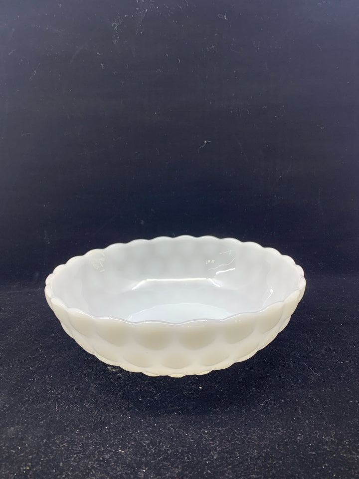 MILK GLASS BOWL W/ EMBOSSED CIRCLE PATTERN.