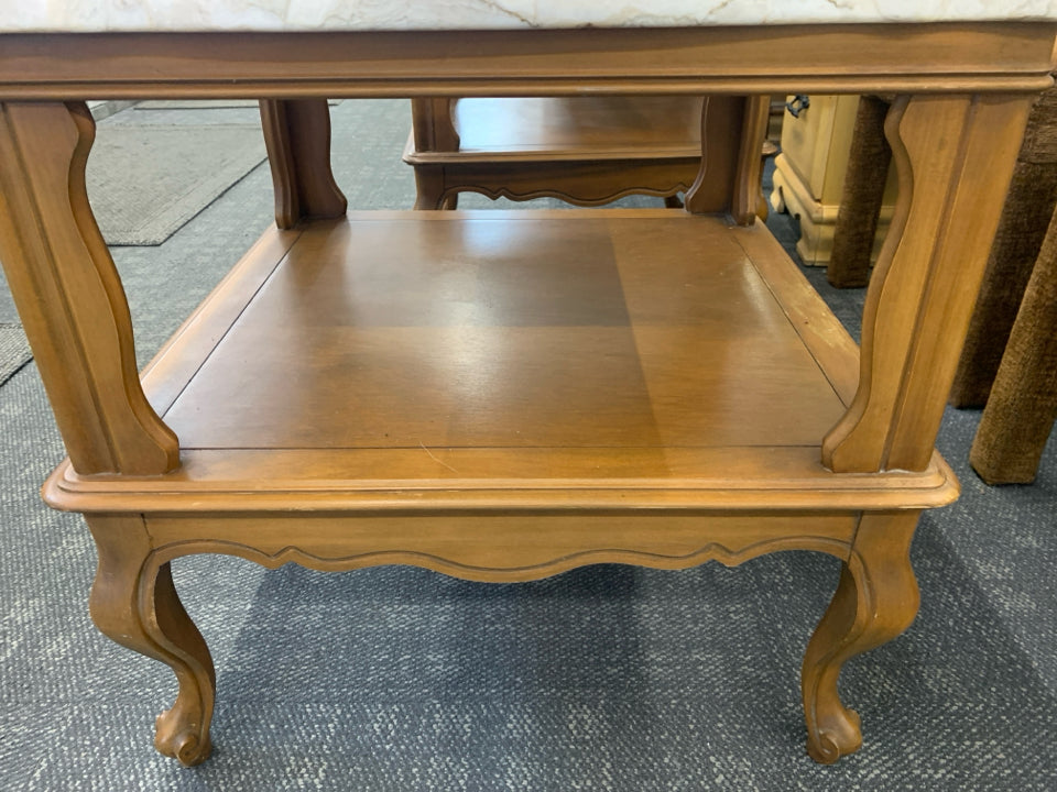 VTG WOOD SQUARE SIDE TABLE W MARBLE TOP AND BOTTOM SHELF.