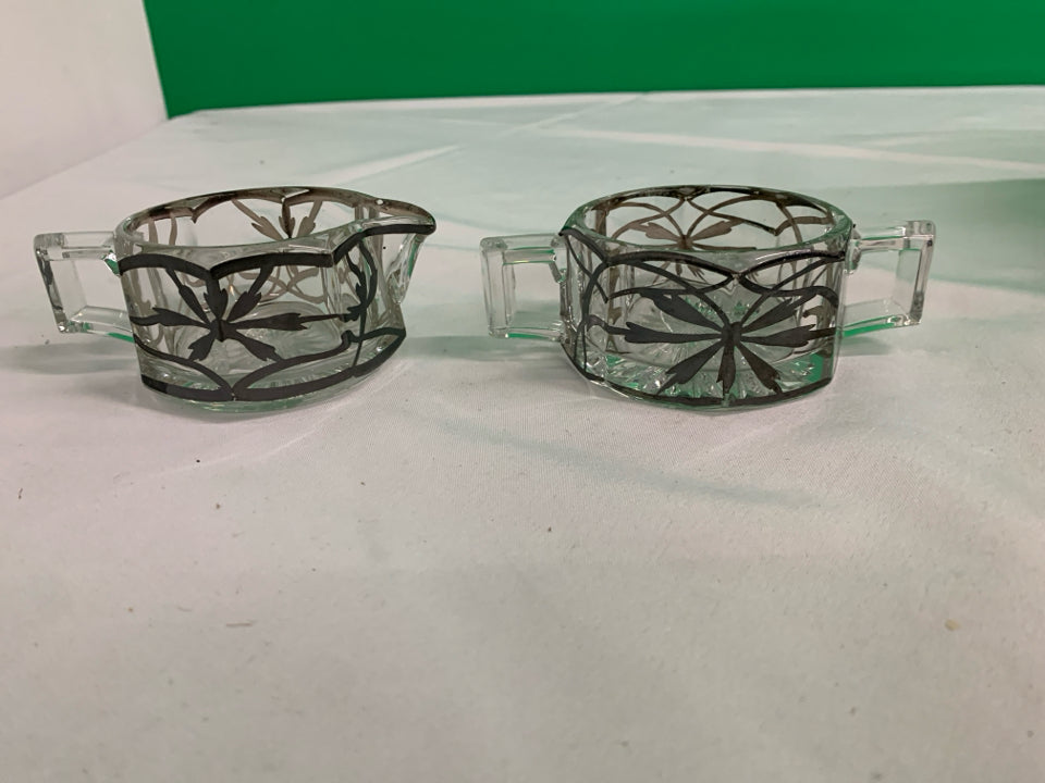 2PC VTG SILVER ON GLASS MCM SUGAR AND CREAMER.