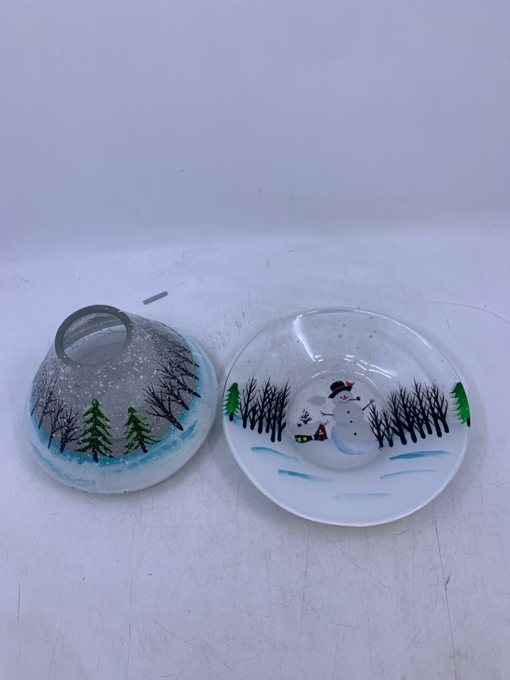 2 PC GLASS CANDLE PLATE/SHADE W/ PAINTED SNOWMEN.
