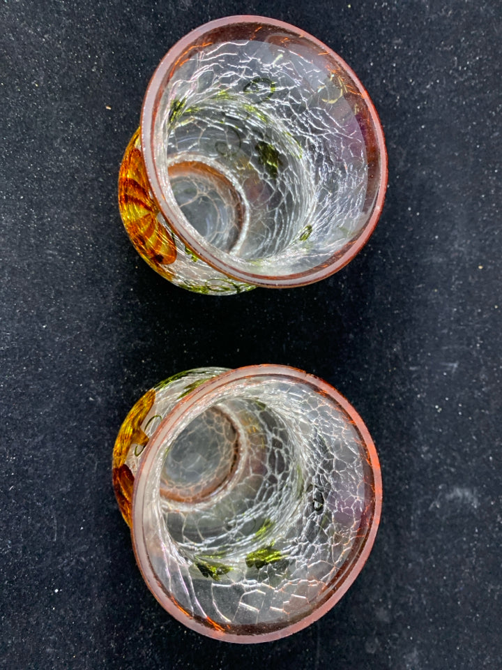 2 CRACKLE GLASS W PUMPKINS TEA LIGHT HOLDERS.