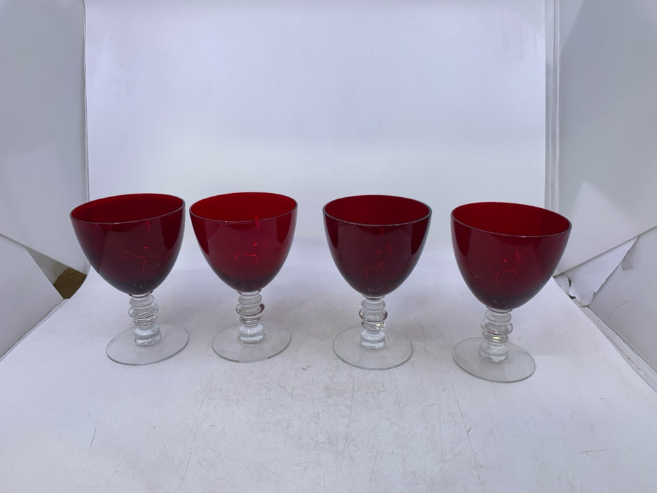4 RED WATER/ WINE GOBLETS.