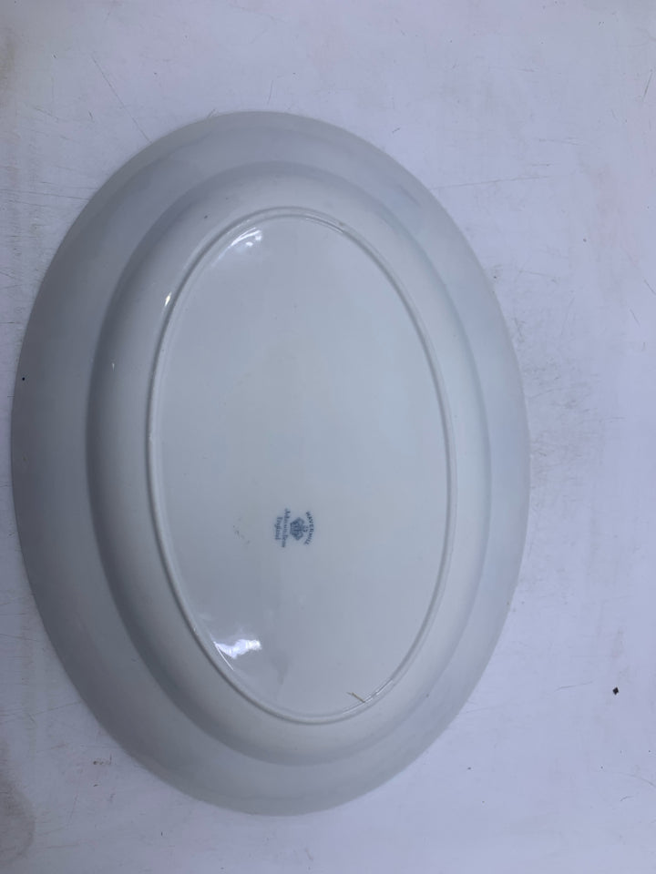 LARGE OVAL WHITE SERVING PLATTER W/ BLUE FLORAL & SCROLL EDGE.
