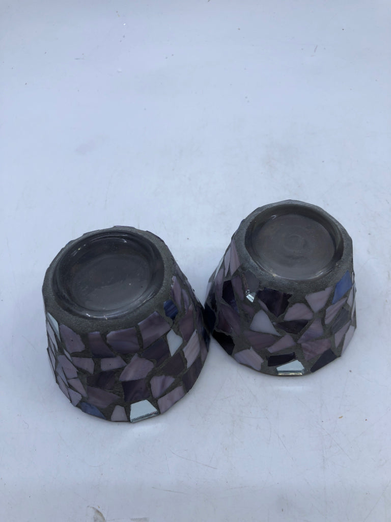 2 PURPLE MOSAIC PURPLE GLASS TEA LIGHT HOLDERS.