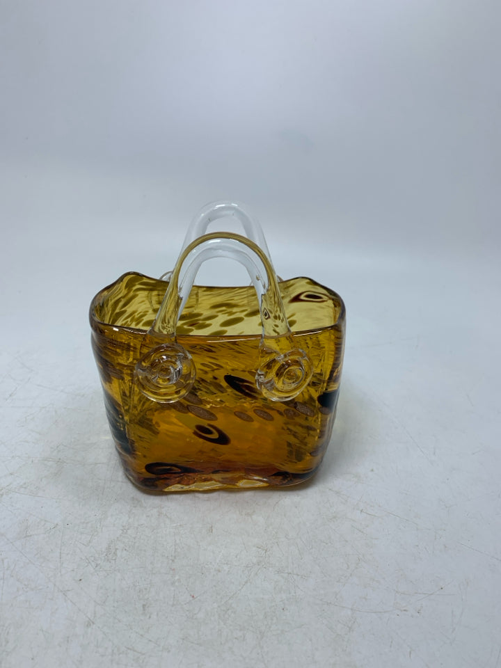 SPECKLED GLASS PURSE VASE.