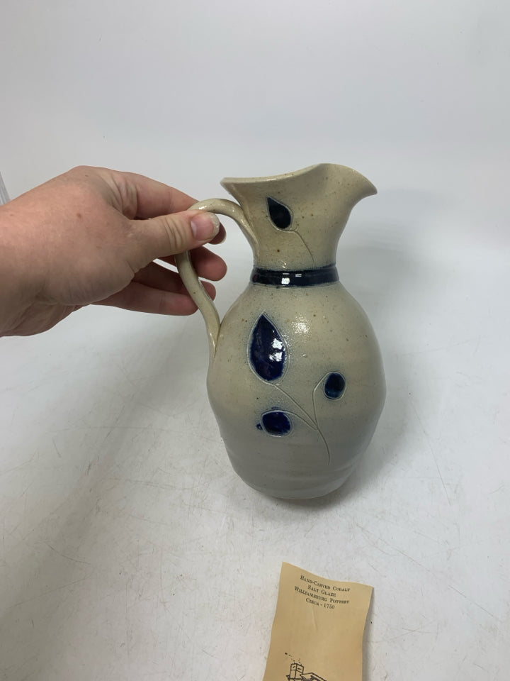 SALT GLAZE PITCHER W/ DARK BLUE DETAILS.