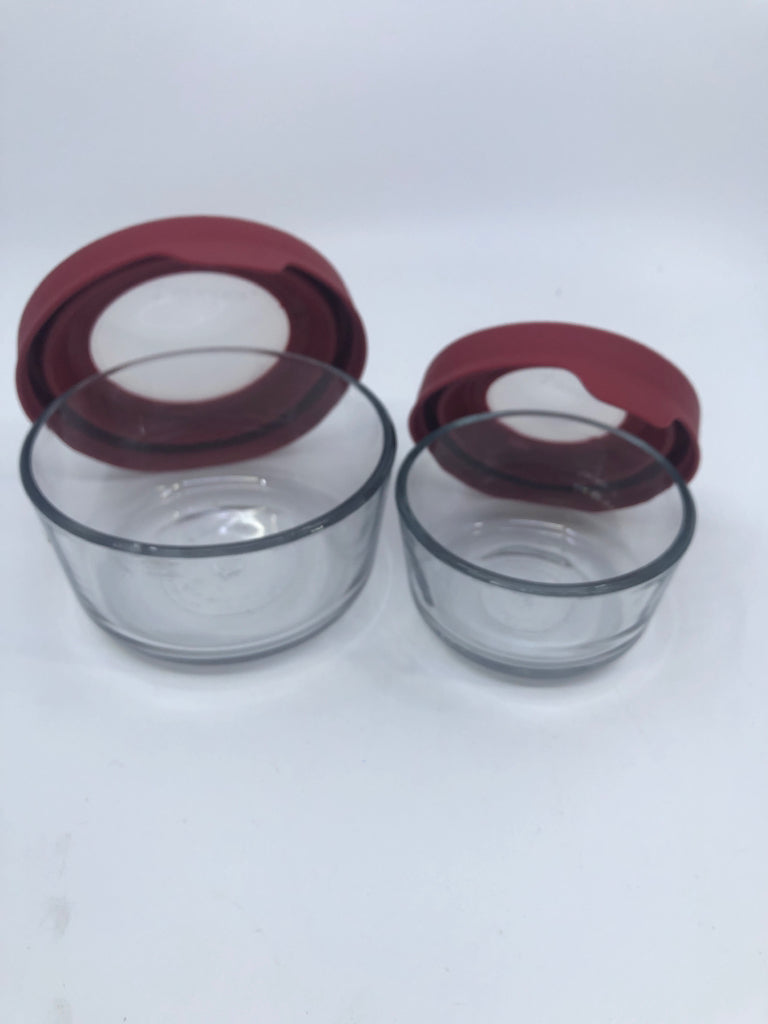 2 GLASS ANCHOR HOCKING CONTAINERS W RED LIDS.