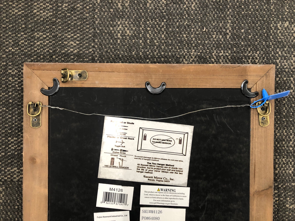 WEATHERED WOOD FRAMED MIRROR W/X OVERLAY.