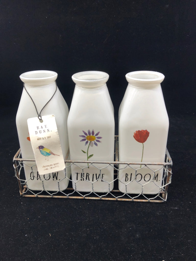 RAE DUNN 3 MILK BOTTLE GLASS VASES IN CRATE "GROW,THRIVE,BLOOM.