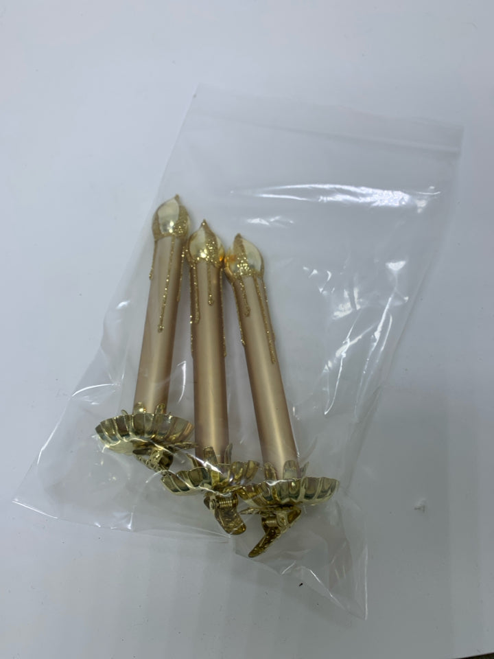 3 VTG GOLD CANDLES CLIP ON GLASS ORNAMENTS IN BAG.