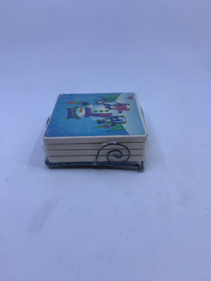 NIP CERAMIC COASTERS W/ HOLDER SNOWMAN & PENGUINS.