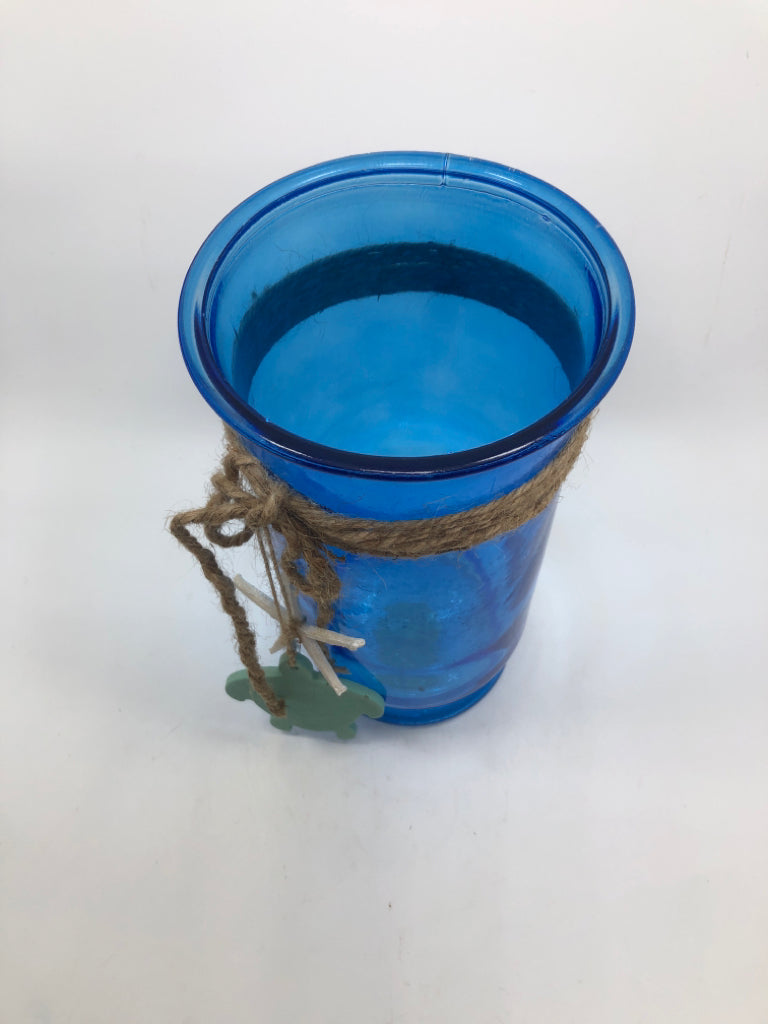 BLUE GLASS CANDLE VASE W/BURLAP AND TURTLE.