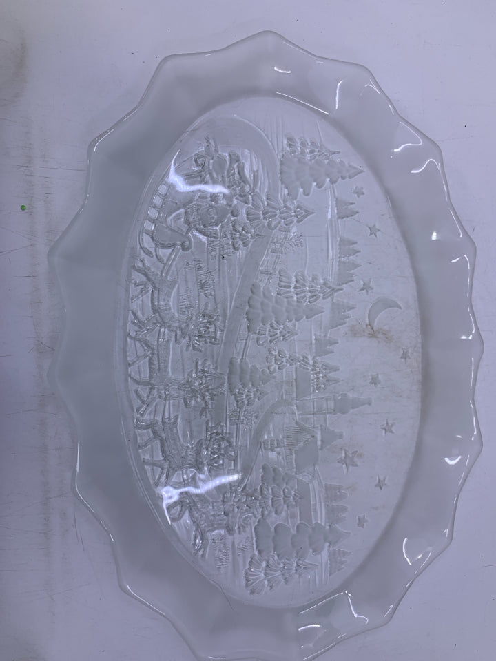FROSTED GLASS OVAL PLATTER W/ TOWN + SANTA RIDING SLAY.