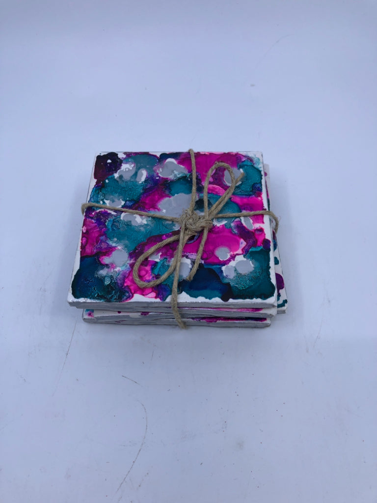 4 PINK AND TEAL WATER COLOR COASTERS.