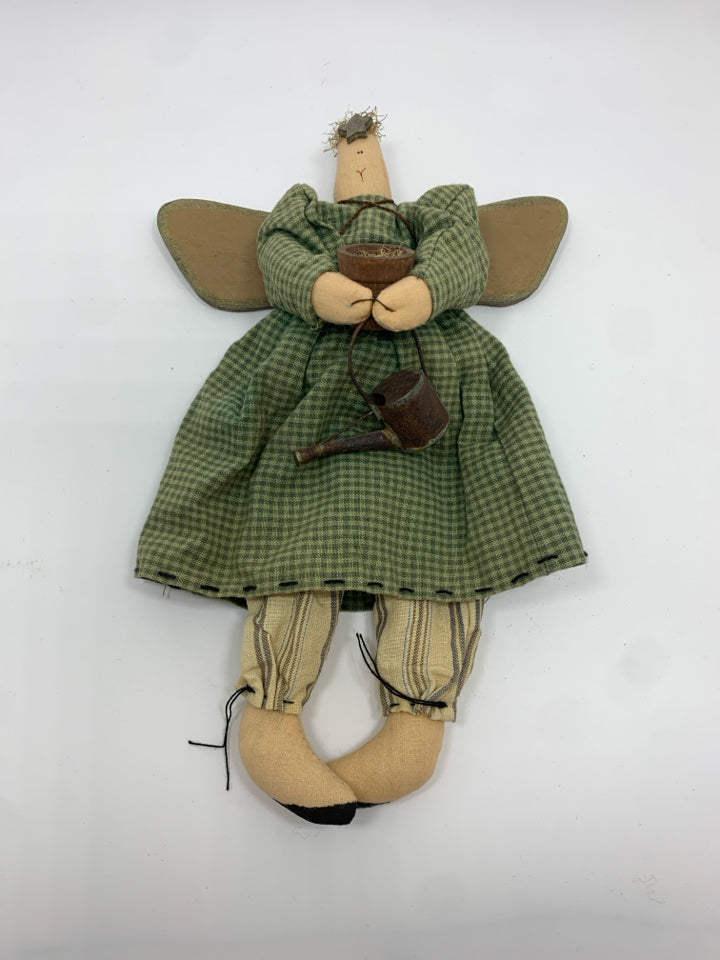 PRIMITIVE FABRIC ANGEL W/WOOD WINGS AND WATERING CAN.