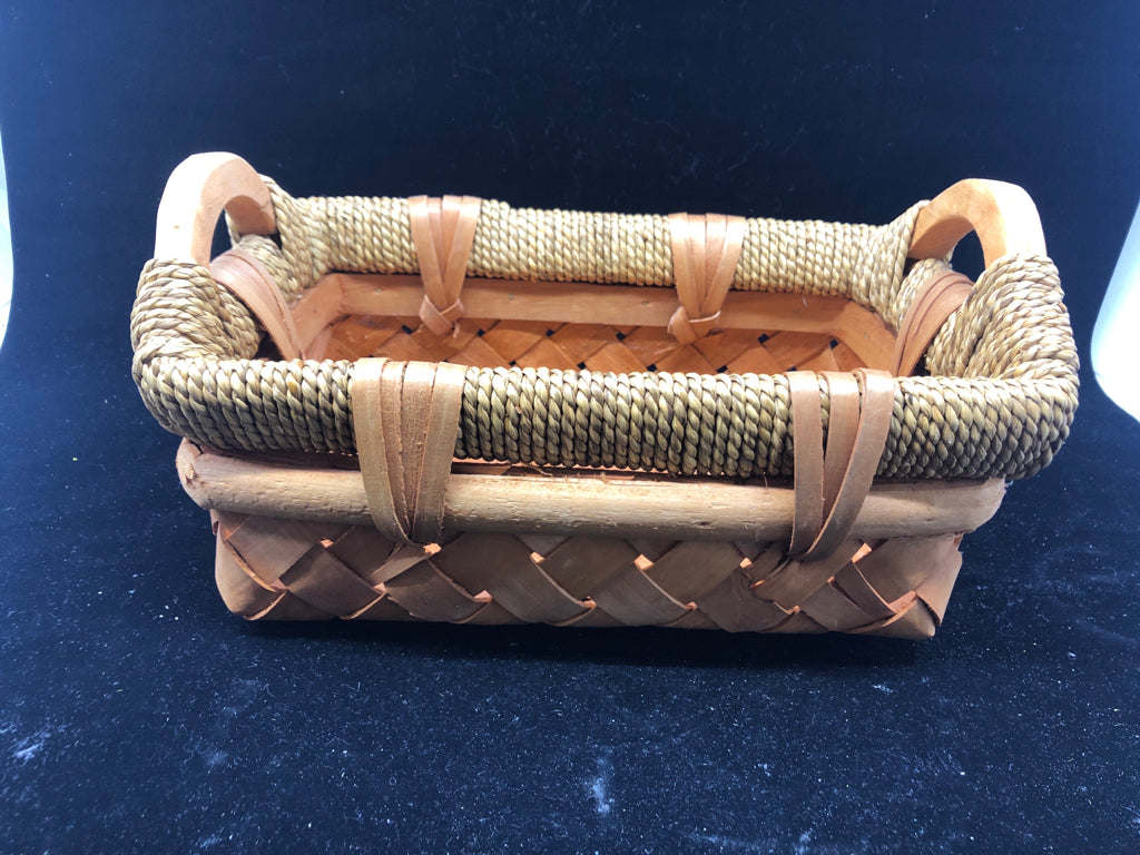 THICK WOVEN RECTANGLE BASKET W WOOD HANDLES.