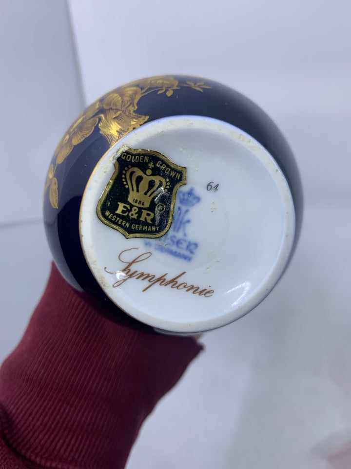 COBALT BLUE VASE W/ GOLD DETAILED BIRD SKINNY NECK.