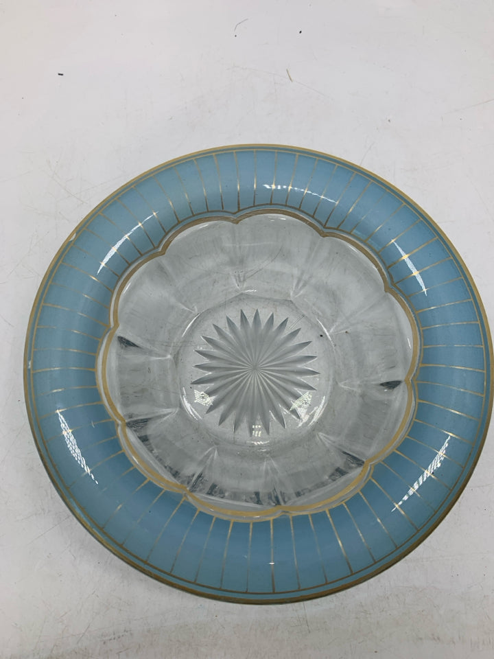 VTG BLUE RIM ROLLED EDGE GLASS BOWL.