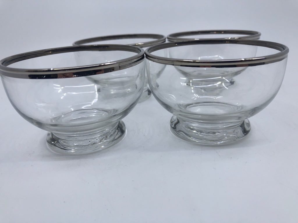 4 DESSERT GLASSES W SILVER RIM.