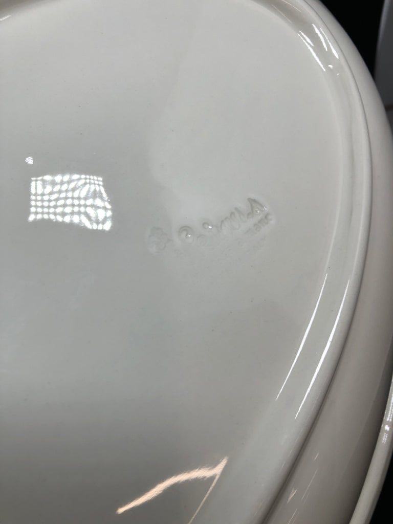 GREY/YELLOW STRIPE OVAL CERAMIC SERVING DISH.