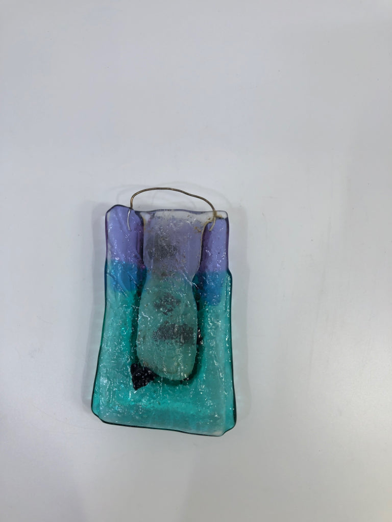 BLUE & PURPLE GLASS WALL POCKET/BUD VASE.