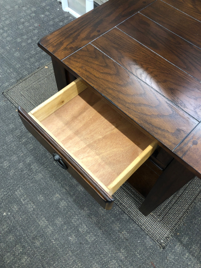 LOOP-HANDLE DARK BROWN END TABLE.