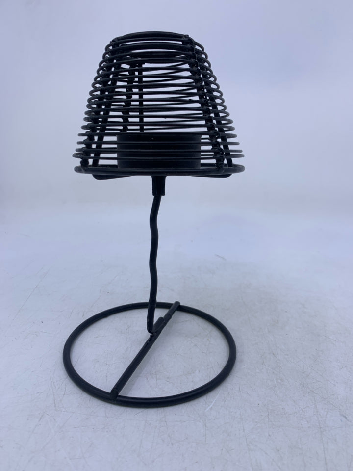 BLACK METAL TEA LIGHT HOLDER W/ SHADE.