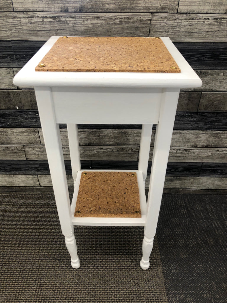 TALL 2-TIER WHITE SIDE TABLE W/CORK TOP.