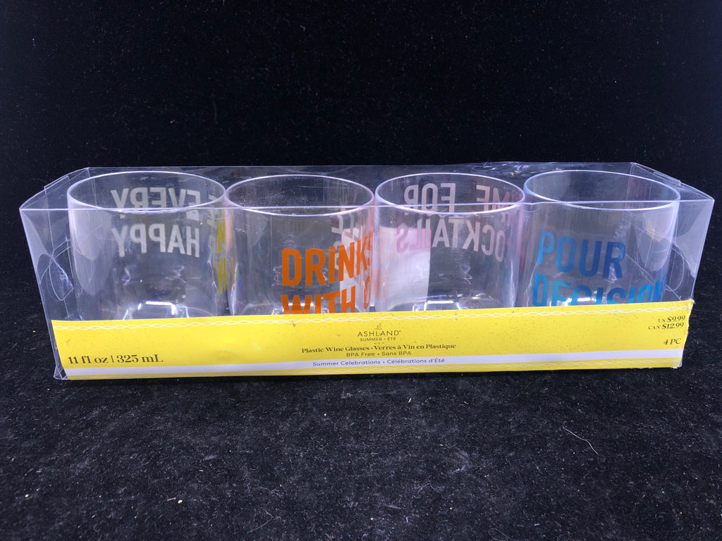 4 NIP PLASTIC WINE GLASSES.