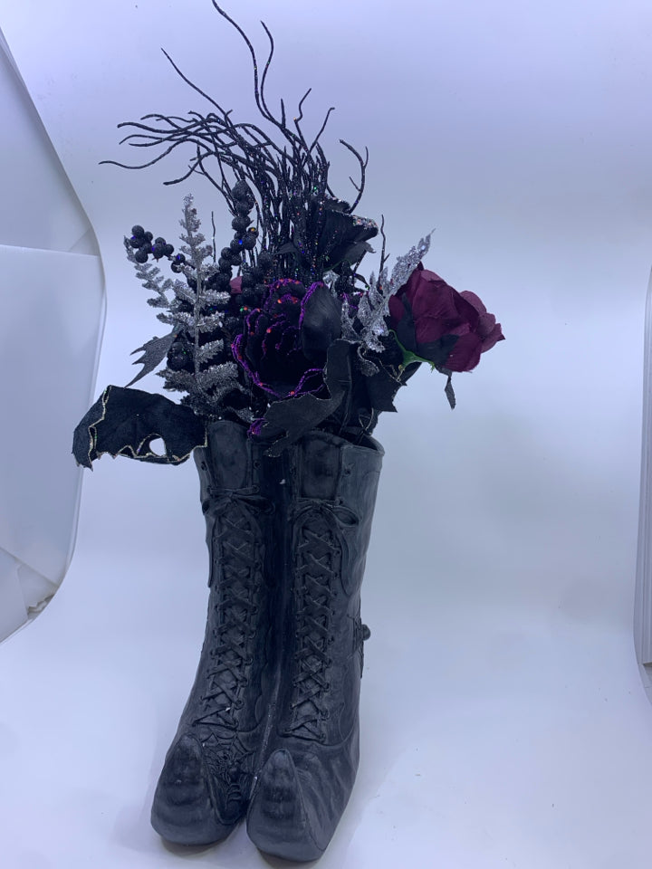 WITCH BOOTS W/BLACK FAUX BOUQUET.