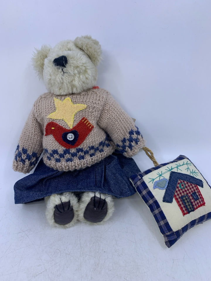 WHITE SHAG BEAR W/ PRIMITIVE STYLE SWEATER DENIM DRESS.