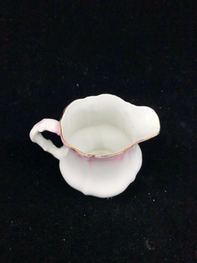 VTG WHITE PITCHER W PINK AND GOLD RIM.