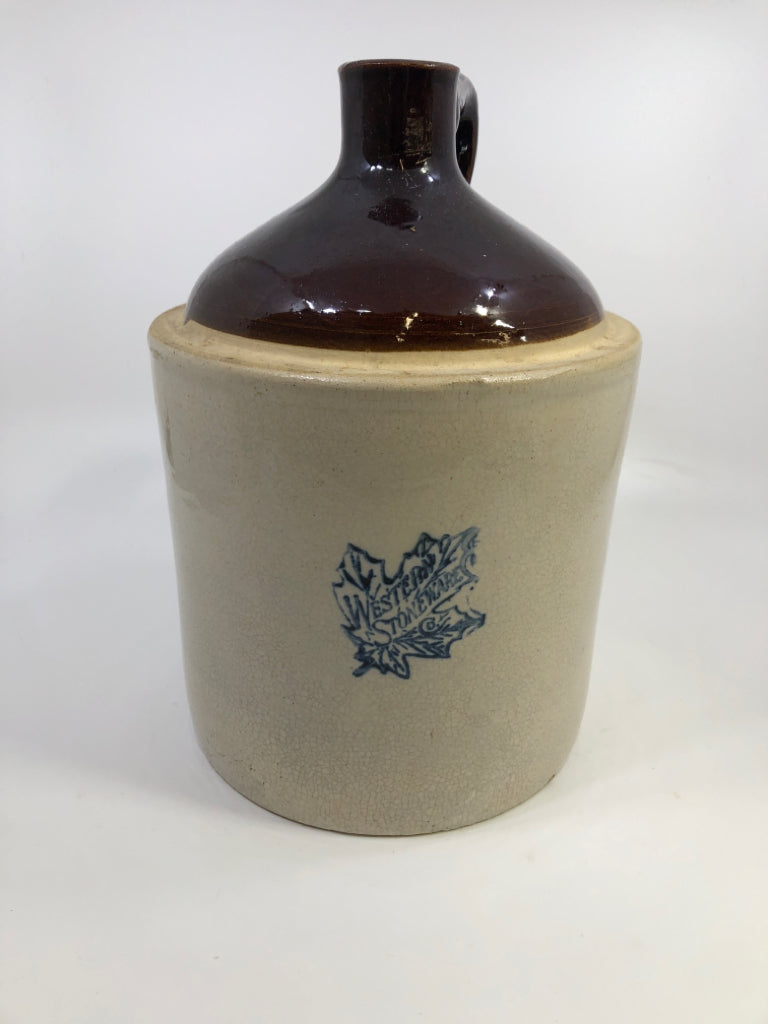 VTG WESTERN STONEWARE GLAZED BROWN/TAN POTTERY JUG.