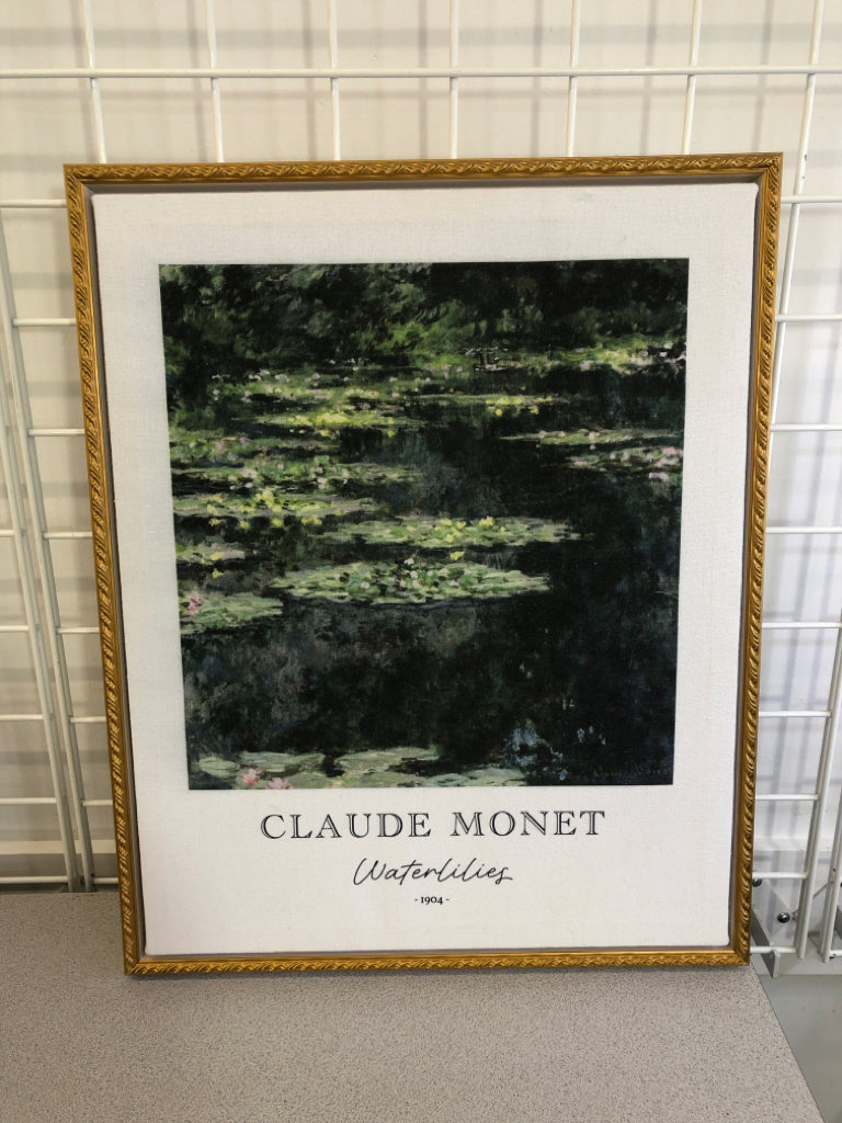 FRAMED CLAUDE MONET WATERLILIES CANVAS.