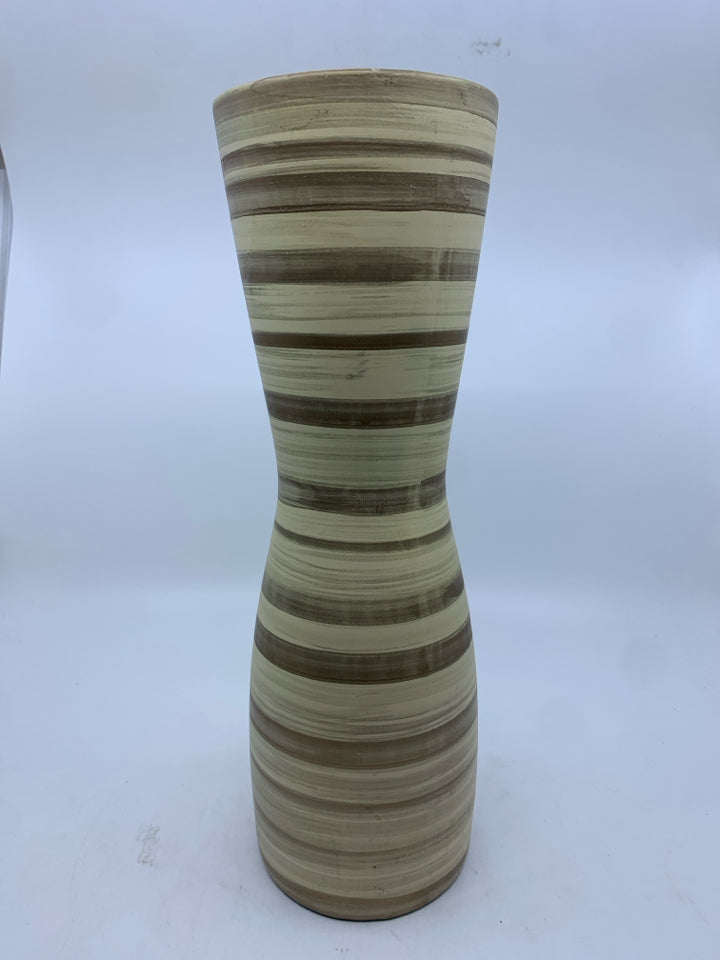 CREAM W DARK STRIPE HOURGLASS SHAPED VASE.