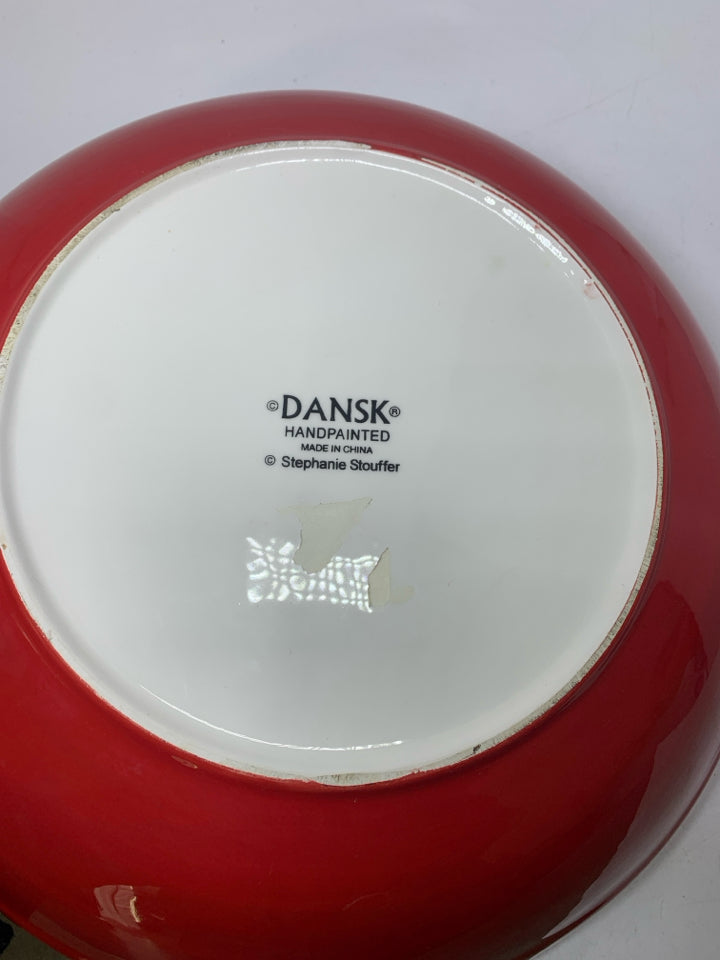 DANSK RED LARGE SERVING BOWL W/ PAINTED SNOWMAN.