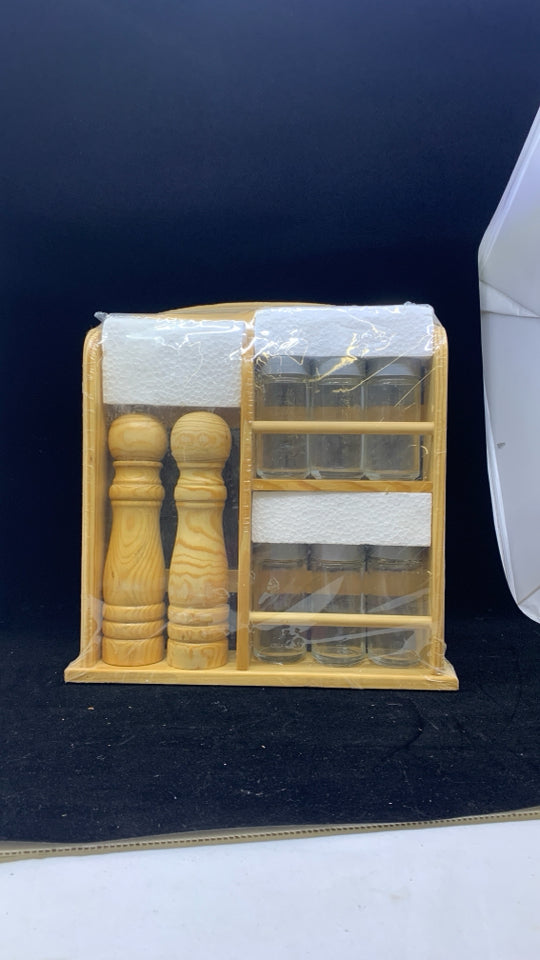 NIP BLONDE WOOD GIFT SET-SALT & PEPPER SHAKERS, 6 SPICE JARS, AND SHELF.